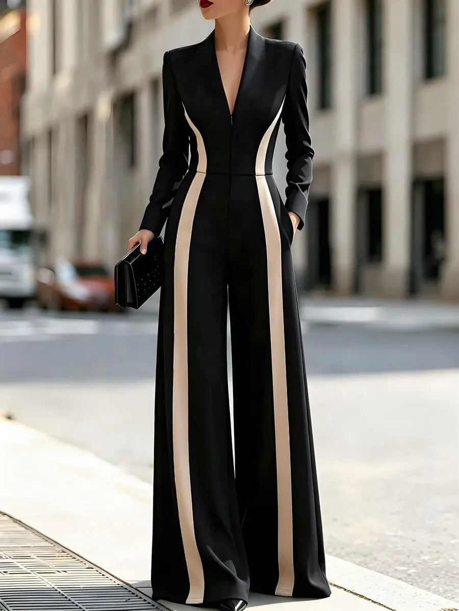 SHEIN جمبسوت نسائي بساق واسعة وخصر عالٍ وسحاب بلون الأسود