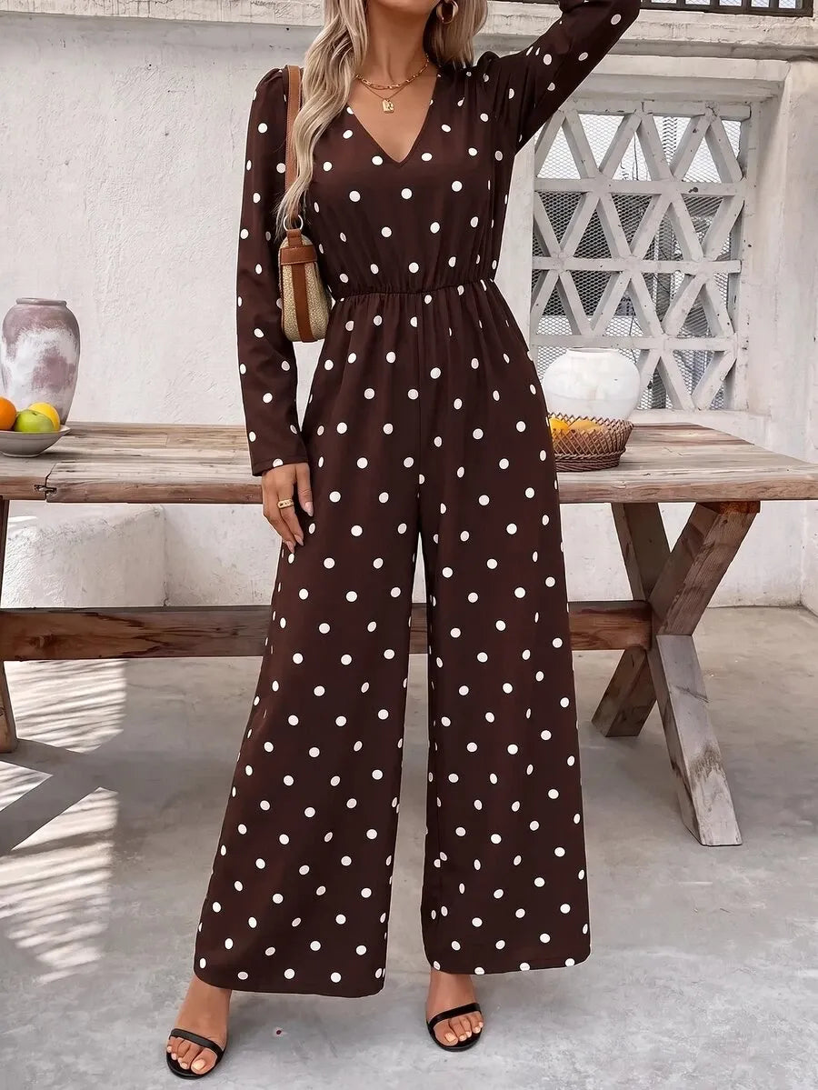 SHEIN Clasi جمبسوت نسائي بنقشة بولكا دوت وياقة وأكمام طويلة متعدد الألوان