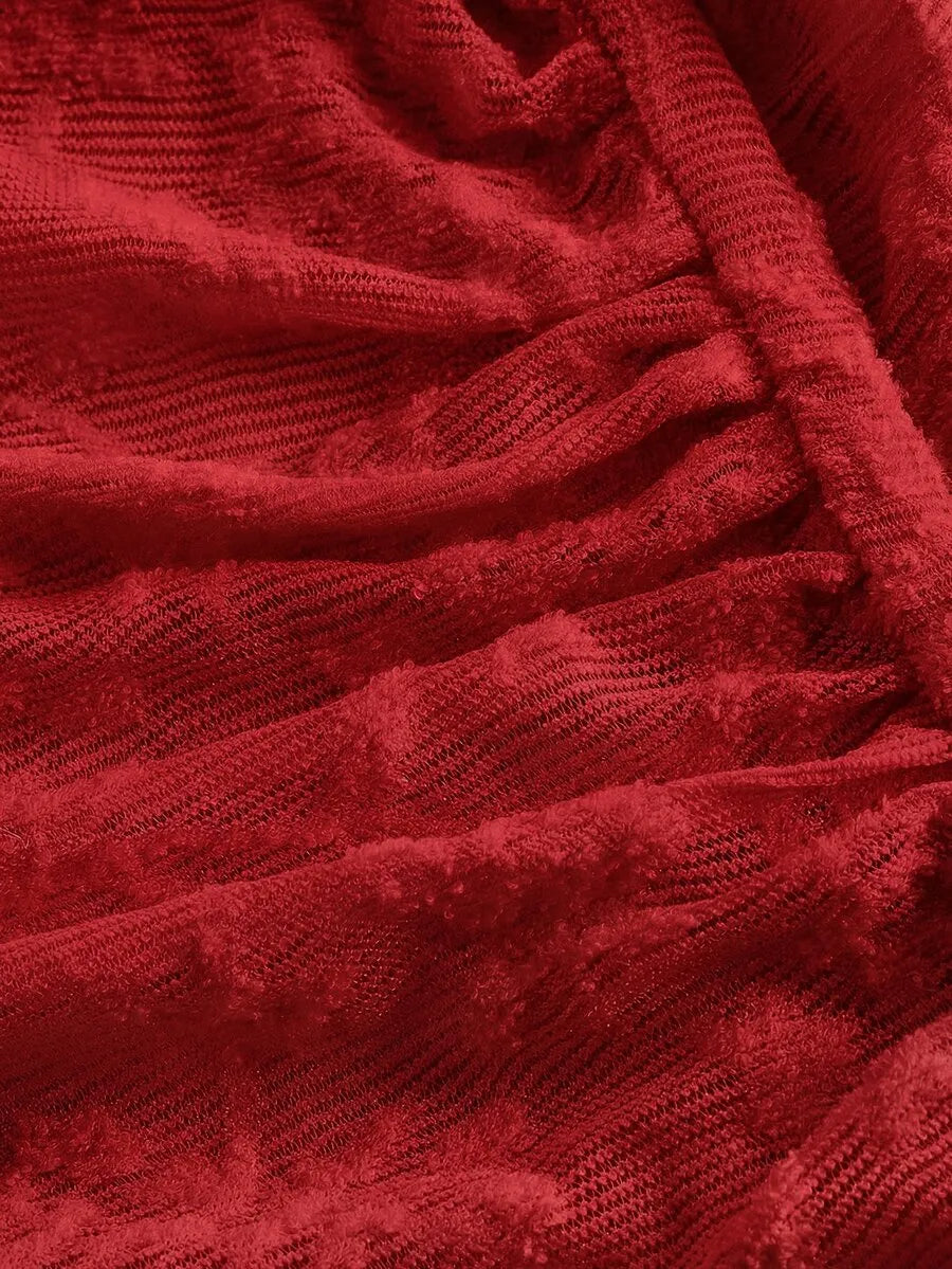 SHEIN MOD فستان نسائي بياقة مربعة وأكمام جرسية وحافة غير متماثلة بلون عنابي