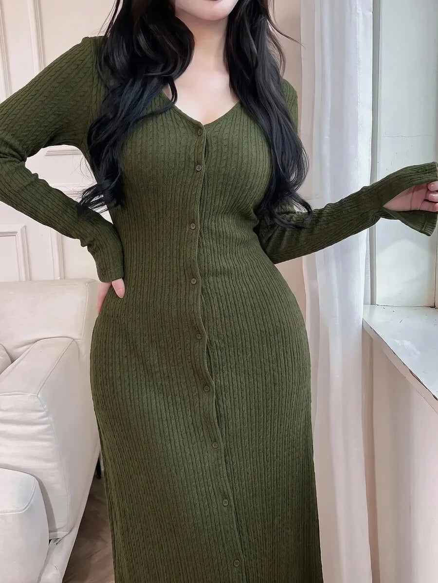 SHEIN Feyla فستان محبوك طويل بياقة وأزرار أمامية بلون أخضر عسكري