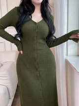 SHEIN Feyla فستان محبوك طويل بياقة وأزرار أمامية بلون أخضر عسكري