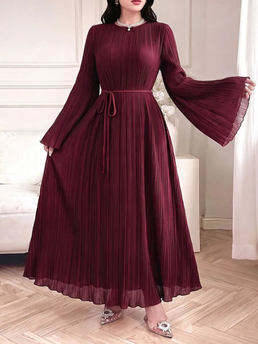 SHEIN Celisse فستان ماكسي بياقة دائرية وأكمام طويلة وخصر برباط خلفي بلون عنابي