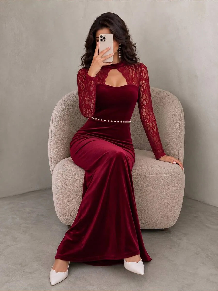 SHEIN Modelyn فستان طويل بياقة تشوكر وأكمام دانتيل وخصر مزين باللؤلؤ بلون عنابي