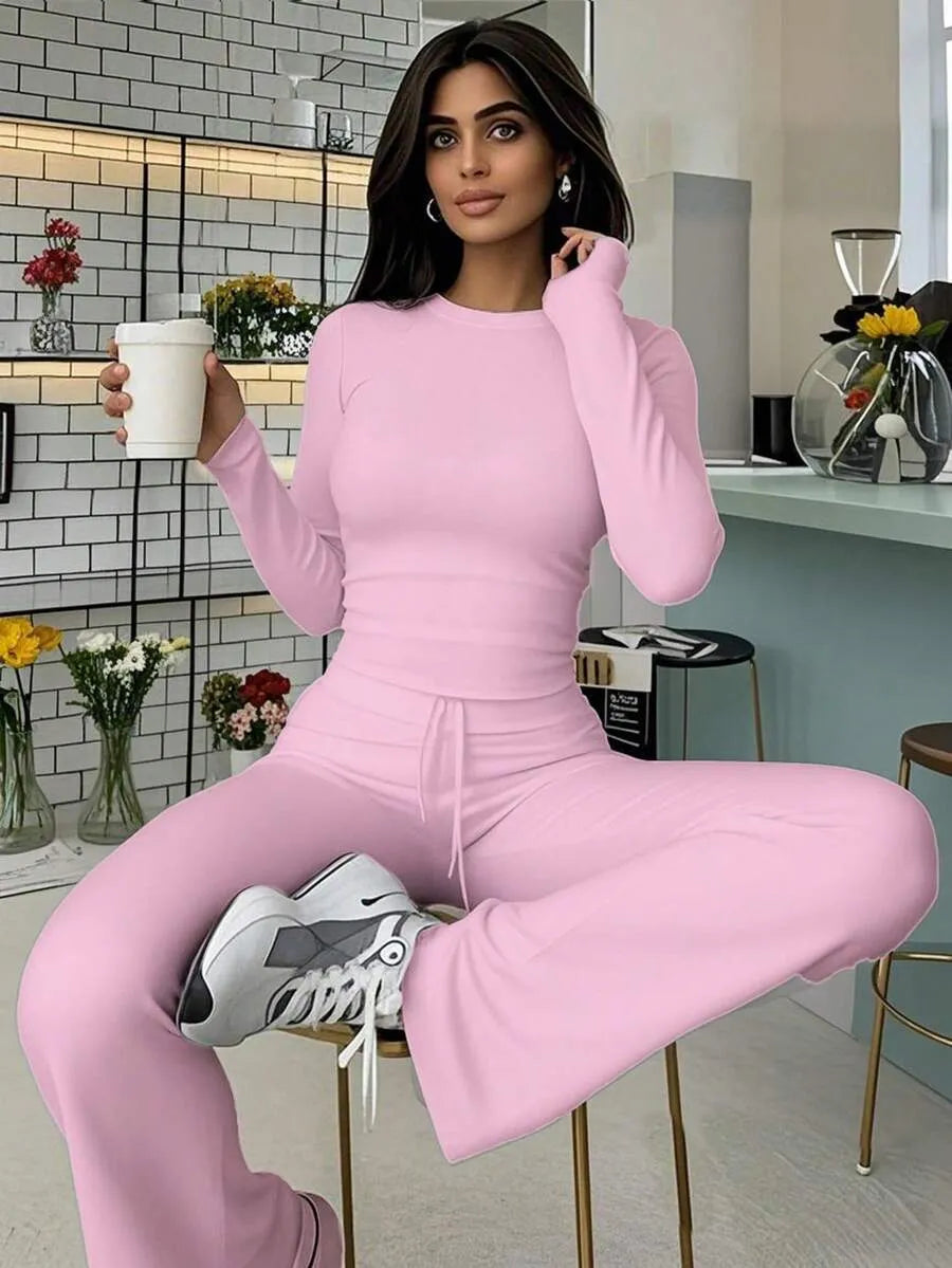SHEIN طقم رياضي نسائي قطعتين توب قصير وبنطال واسع برباط خصر بلون وردي فاتح