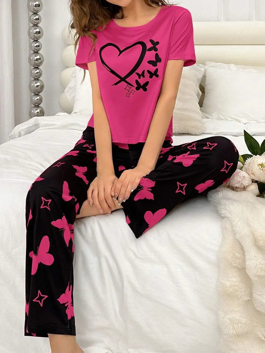 SHEIN طقم بيجاما بطبعة فراشات وقلوب بلون روز أحمر