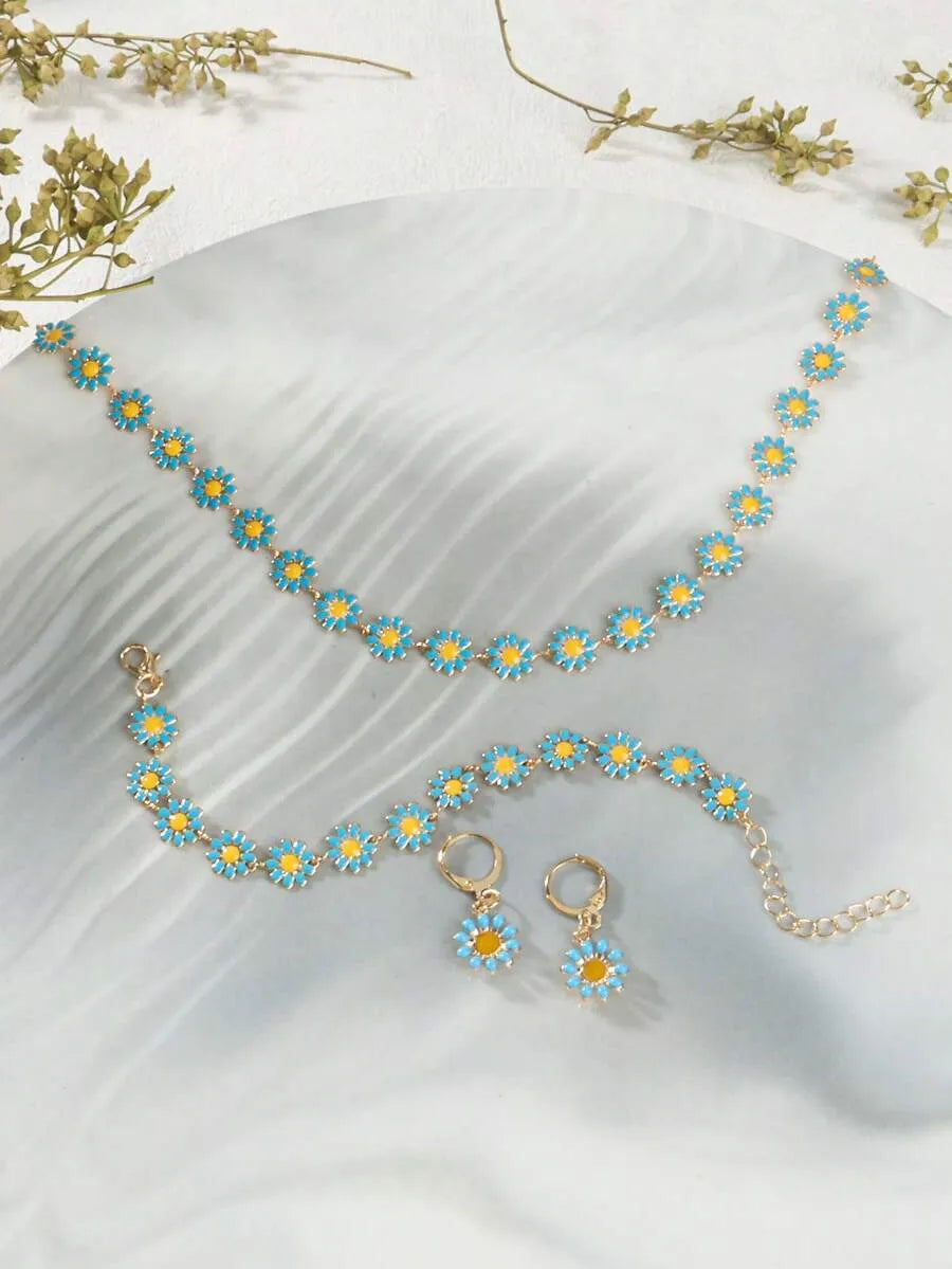SHEIN طقم مجوهرات نسائي قلادة وسوار وأقراط بتصميم زهرة عباد الشمس