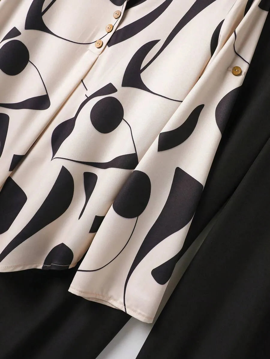SHEIN Rusticease طقم نسائي قطعتين بلوزة بياقة وبنطال طويل متعدد الألوان
