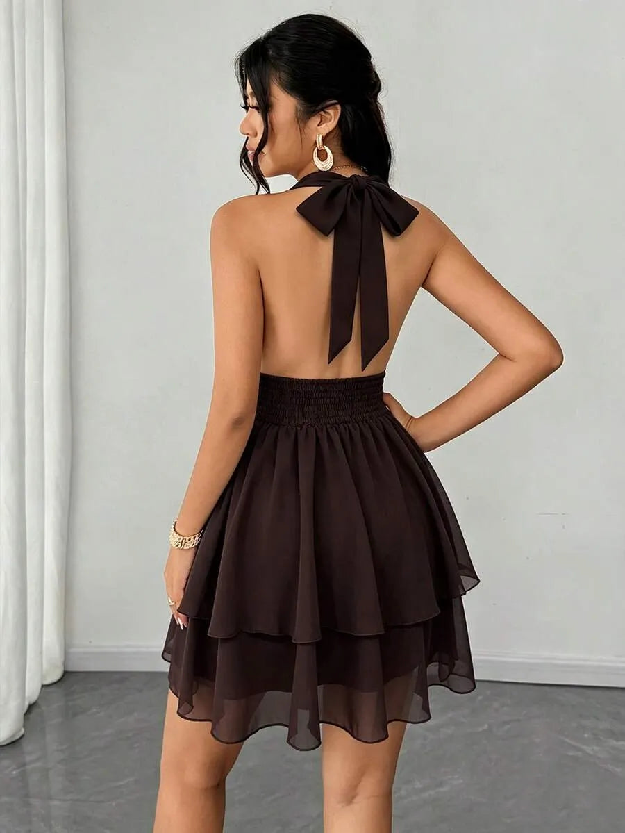 SHEIN PariChic فستان بلون بني داكن ميني برسن بنقاط بولكا عارية الذراعين