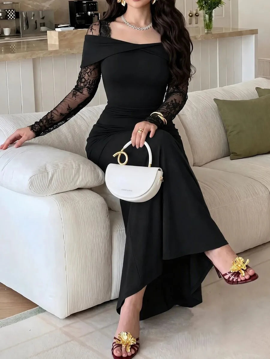SHEIN Feyla فستان طويل ضيق بياقة مربعة وأكمام طويلة وتفاصيل دانتيل بلون أسود
