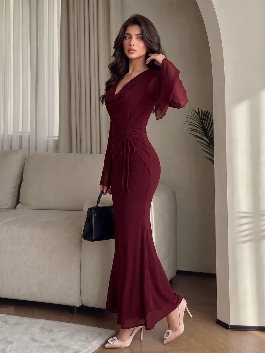 SHEIN Modelyn فستان ماكسي بياقة ملفوفة وأكمام واسعة ورباط جانبي وذيل حورية البحر بلون عنابي