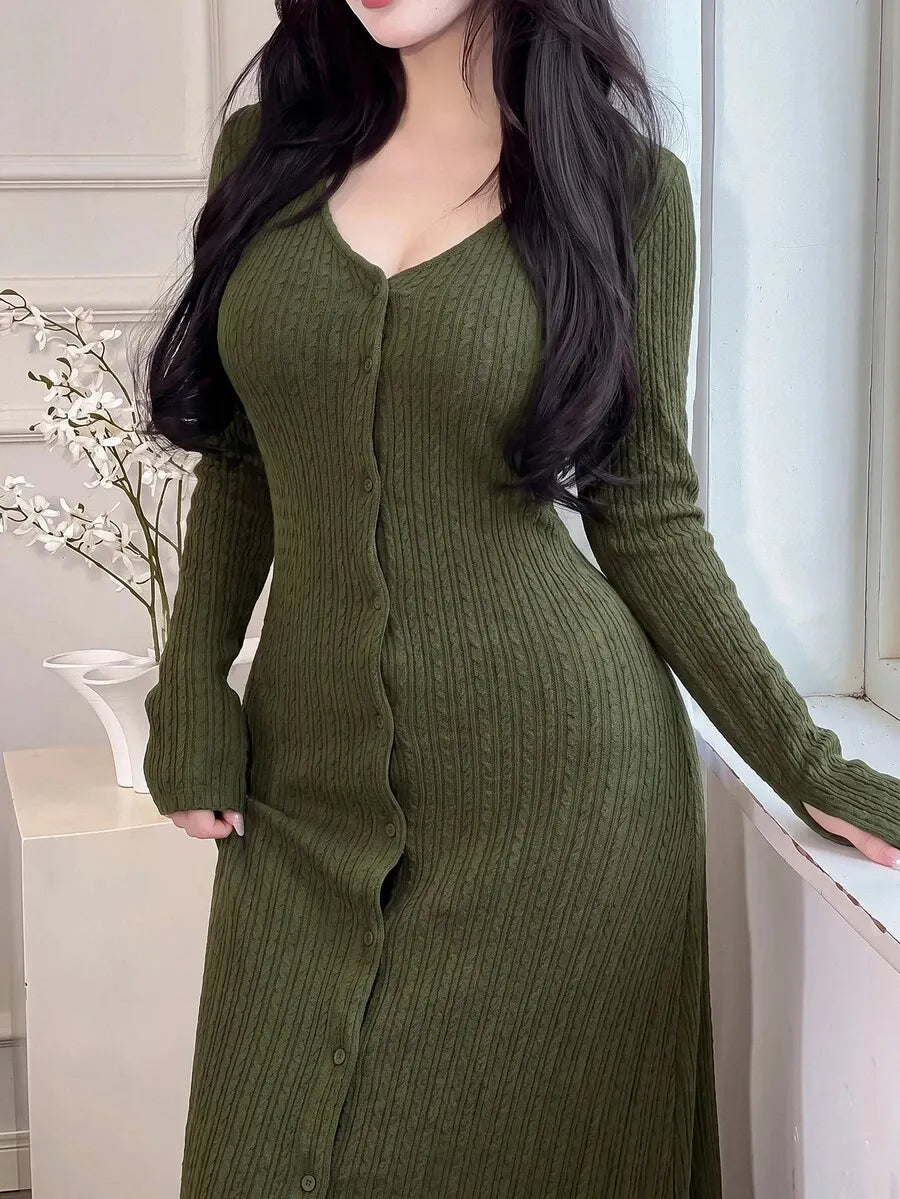 SHEIN Feyla فستان محبوك طويل بياقة وأزرار أمامية بلون أخضر عسكري