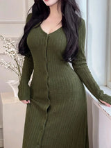 SHEIN Feyla فستان محبوك طويل بياقة وأزرار أمامية بلون أخضر عسكري