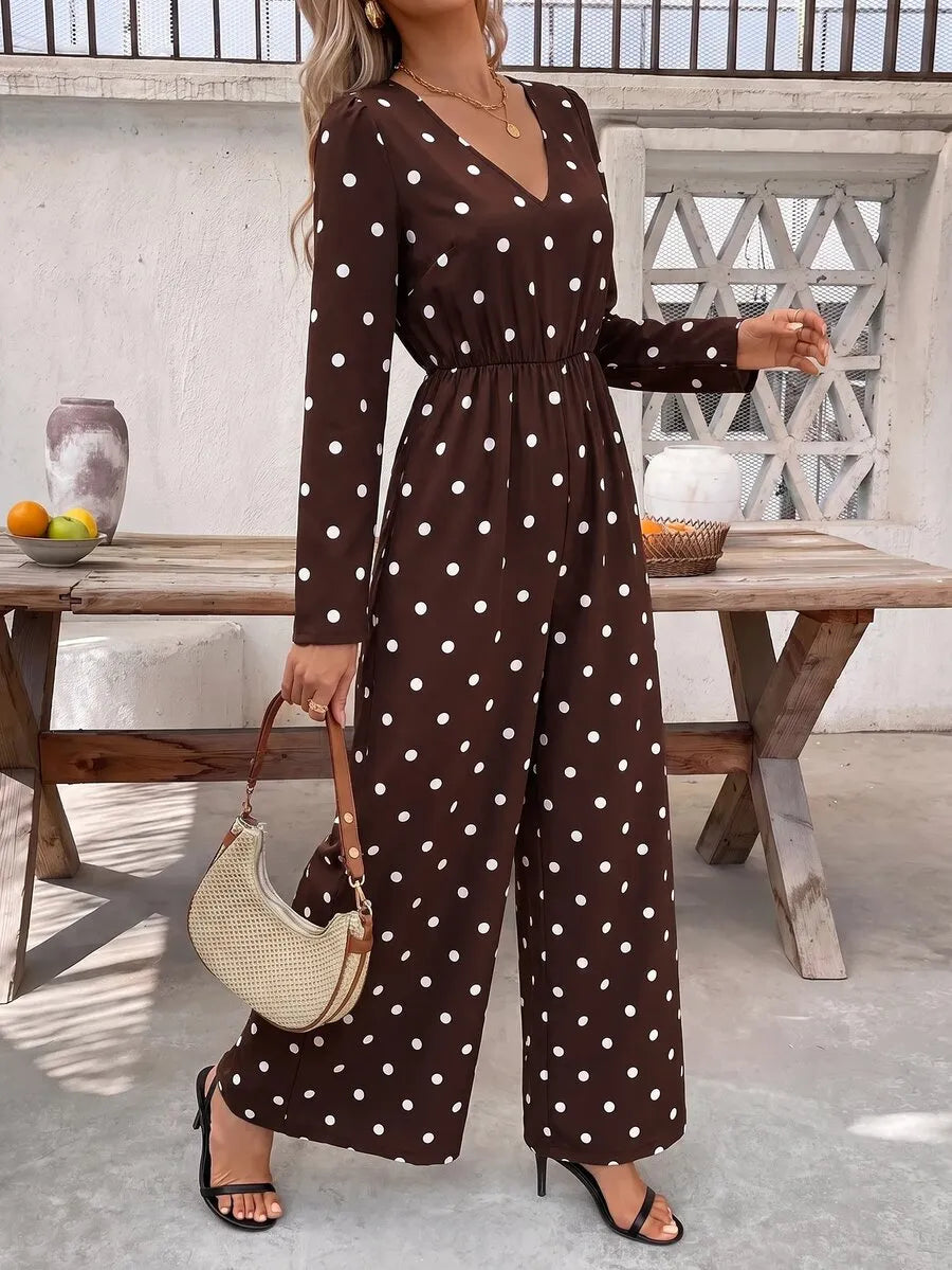 SHEIN Clasi جمبسوت نسائي بنقشة بولكا دوت وياقة وأكمام طويلة متعدد الألوان