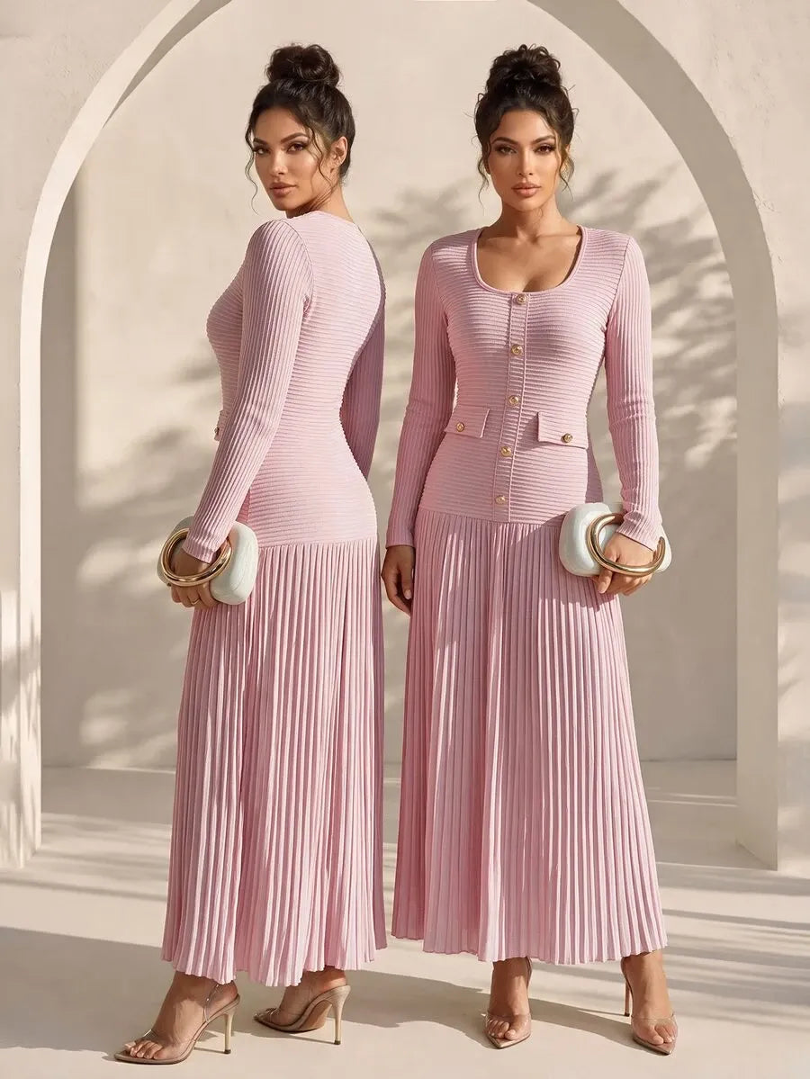 SHEIN Structelle فستان طويل ضيق بياقة وأزرار معدنية أمامية وحافة مطوية بلون وردي