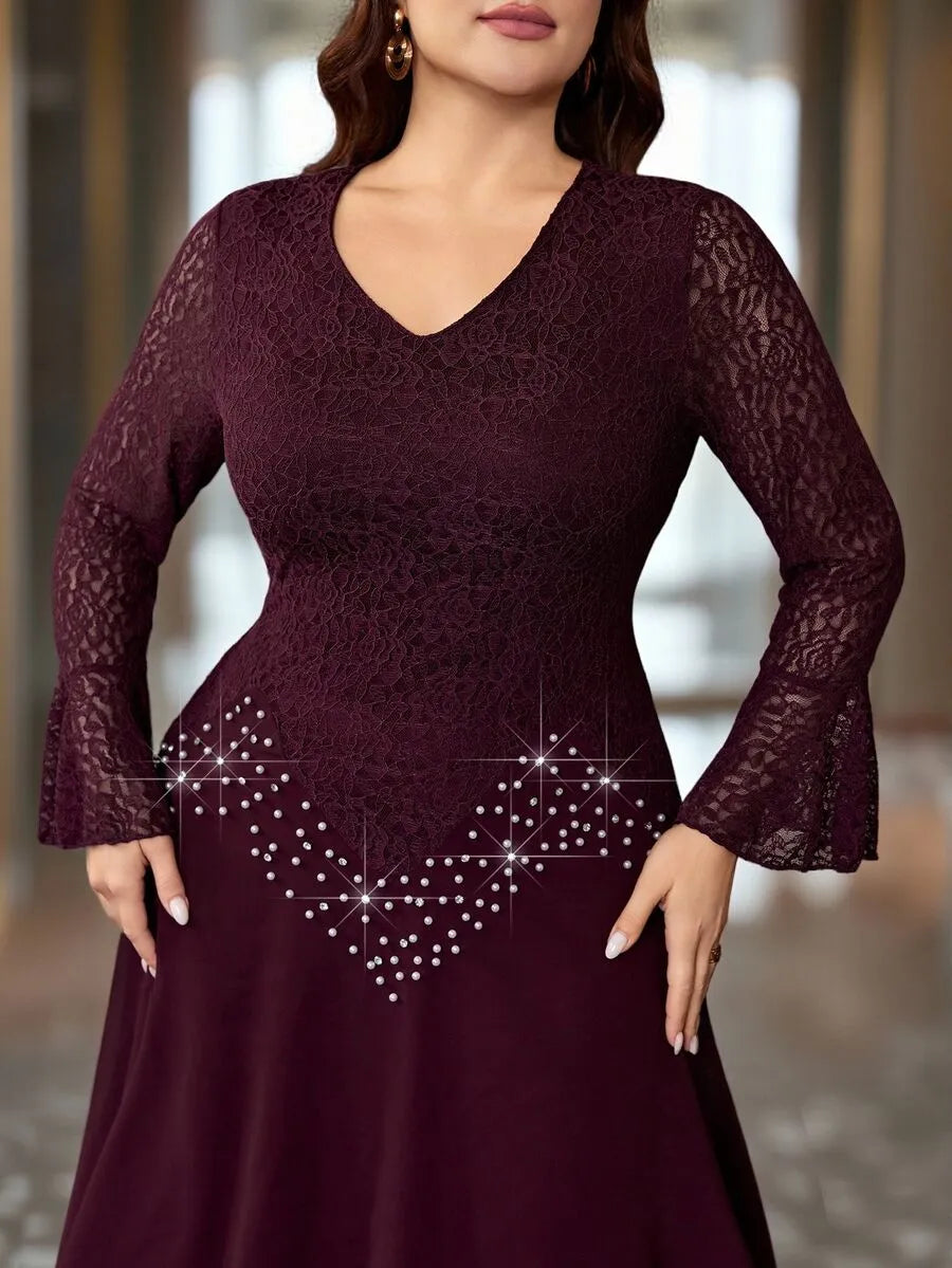SHEIN Modelyn فستان نسائي طويل بياقة وأكمام واسعة مزين باللؤلؤ والخرز بلون عنابي