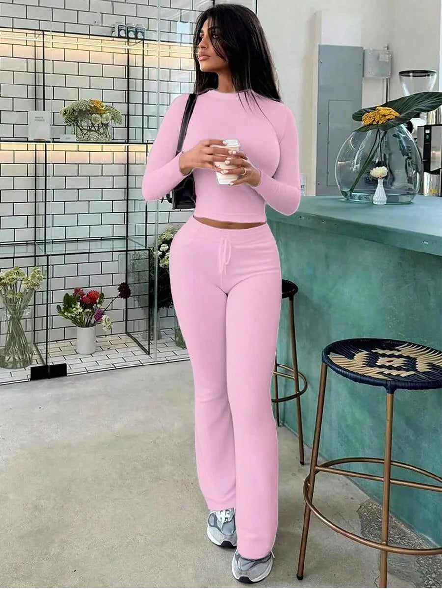 SHEIN طقم رياضي نسائي قطعتين توب قصير وبنطال واسع برباط خصر بلون وردي فاتح