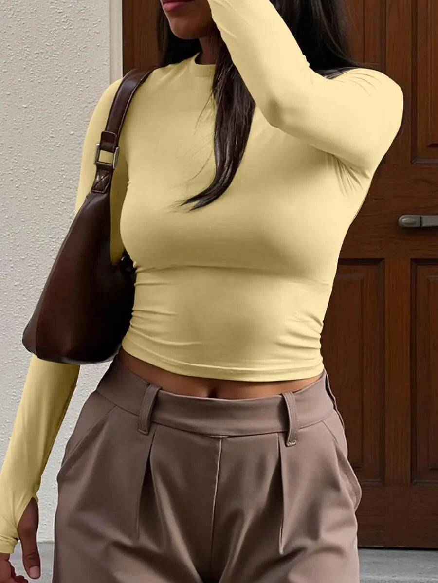 SHEIN INAWLY تي شيرت نسائي ضيق بياقة دائرية وأكمام طويلة بلون أصفر