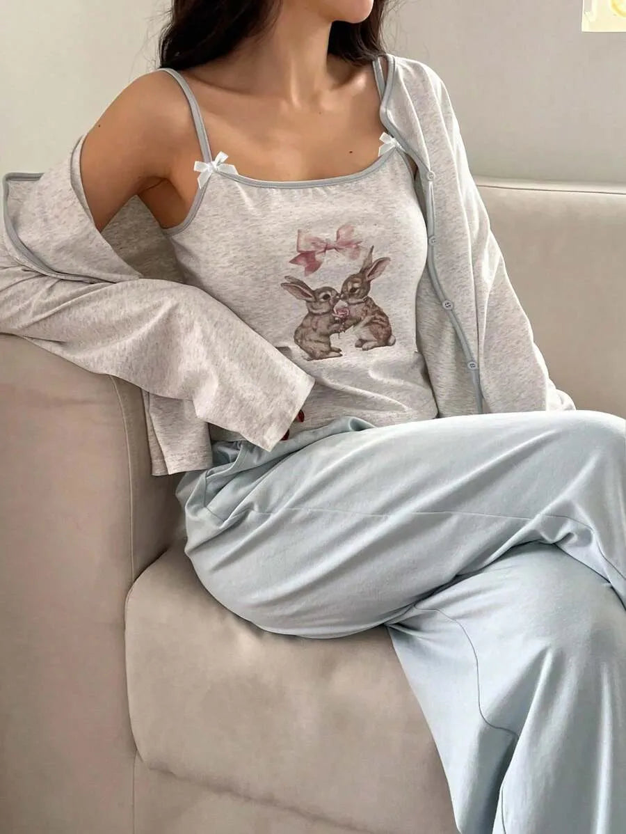 SHEIN DAZY طقم بيجامة 3 قطع بلون رمادي كامي مع بنطلون طويل ورداء بأكمام طويلة