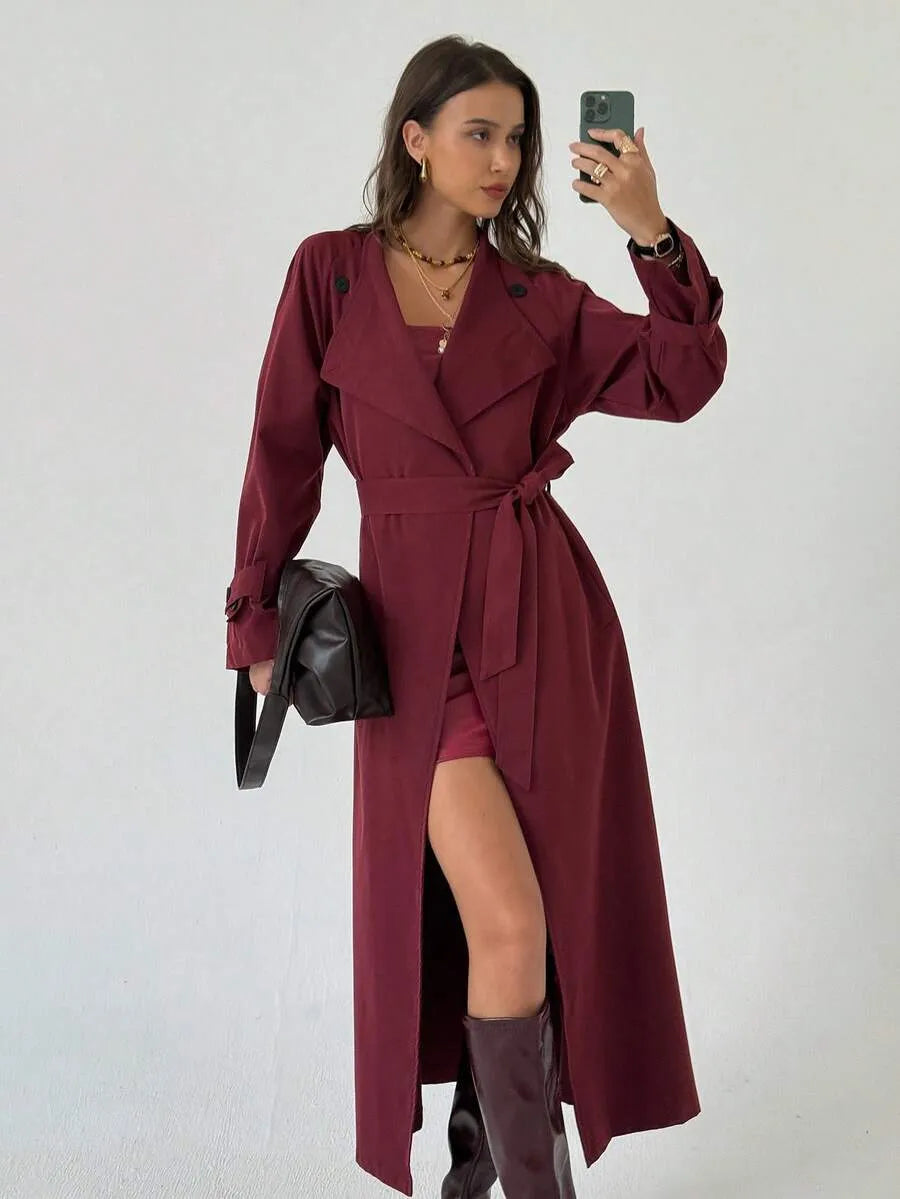 SHEIN Aloruh معطف ترنش طويل بصف أزرار مزدوج وحزام خصر بلون أحمر بنفسجي