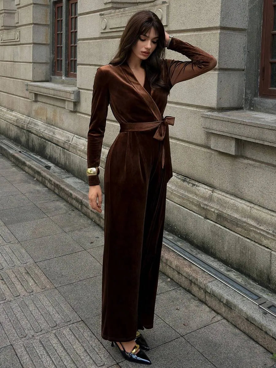 SHEIN Flirla جمبسوت نسائي بياقة وخصر برباط وساق واسعة بلون بني