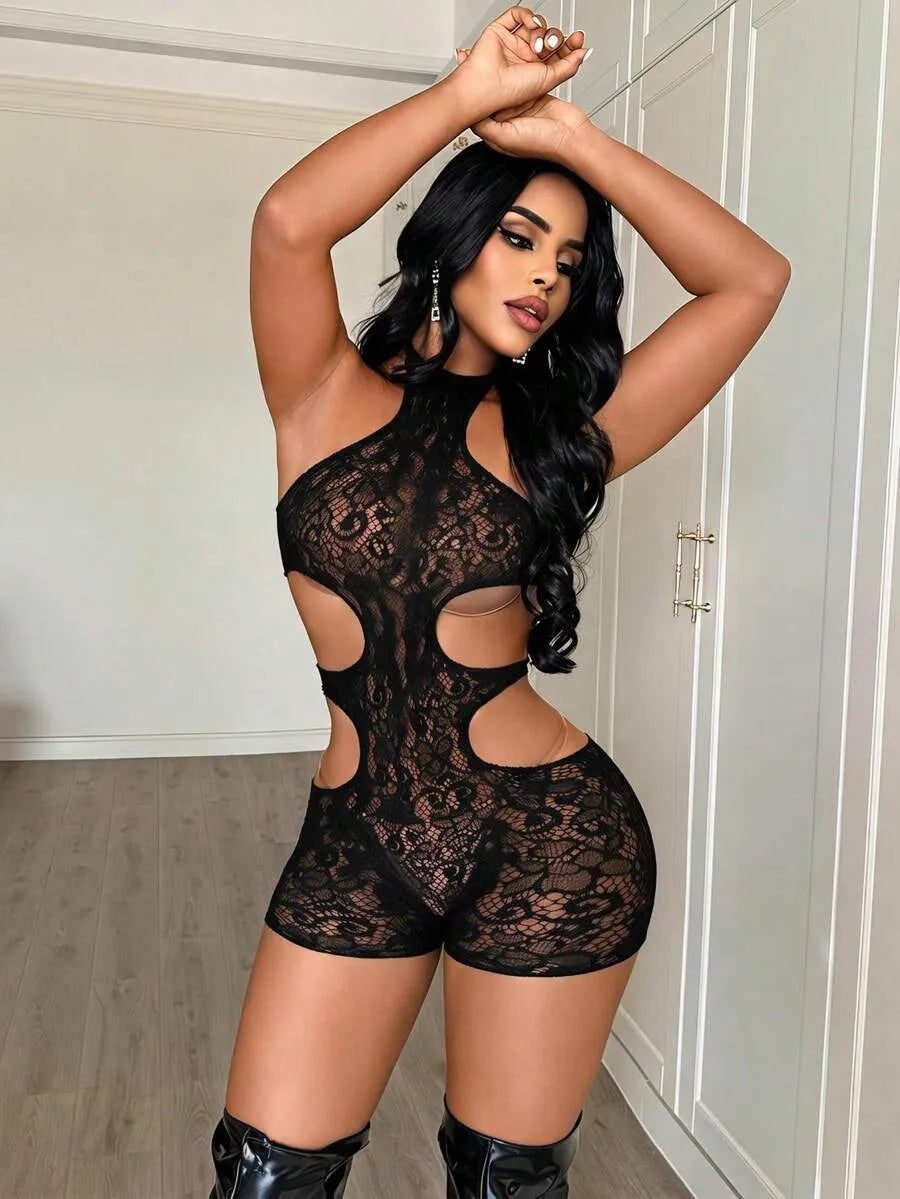 SHEIN ChaseTheNight ملابس داخلية نسائية تيدي بتصميم زهري وياقة هالتر وفيونكة بلون أسود