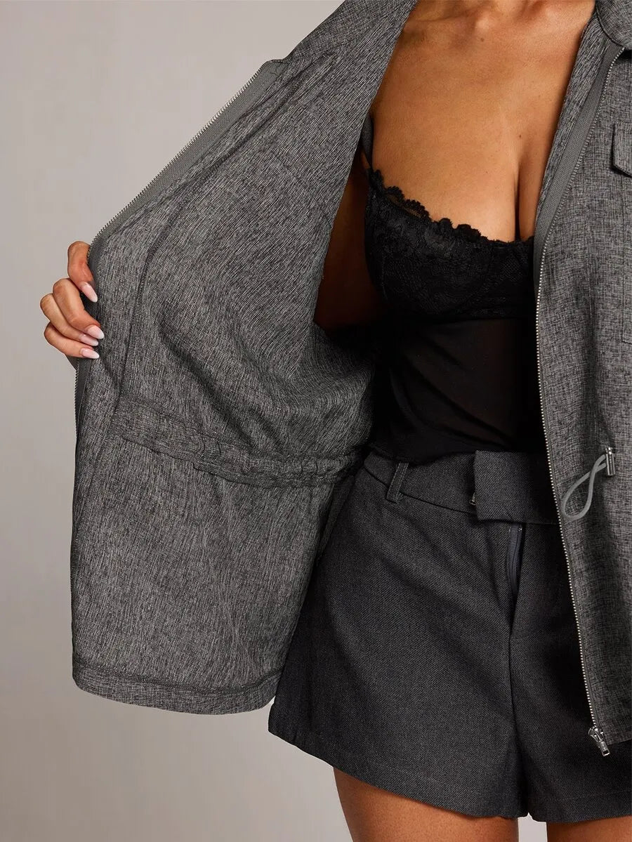 SHEIN BAE جاكيت نسائي انيق بسحاب وخصر مطاطي