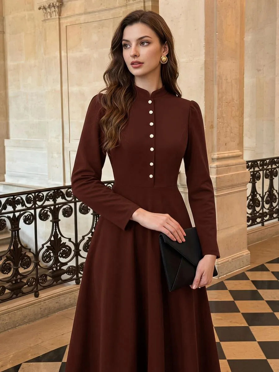 SHEIN Vintamour فستان نسائي بياقة تشيونغسام وأزرار أمامية وجيوب بلون بني