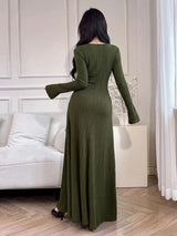 SHEIN Feyla فستان محبوك طويل بياقة وأزرار أمامية بلون أخضر عسكري