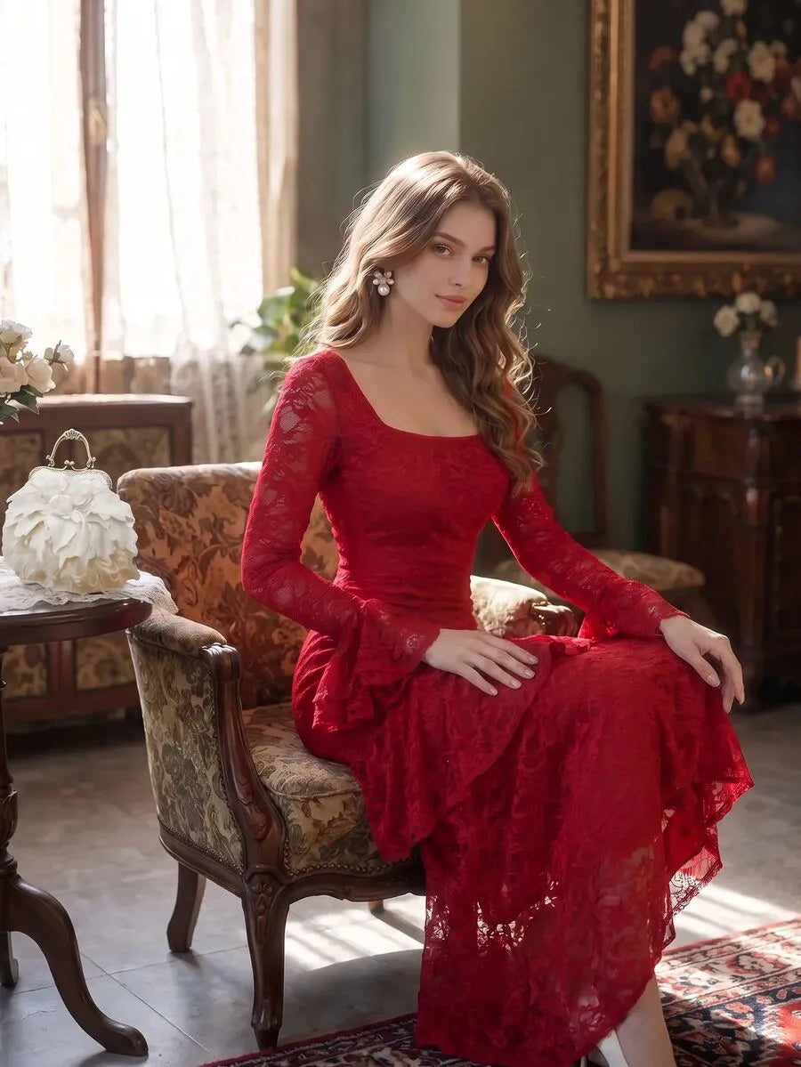 SHEIN MOD فستان نسائي بياقة مربعة وأكمام جرسية وحافة غير متماثلة بلون عنابي
