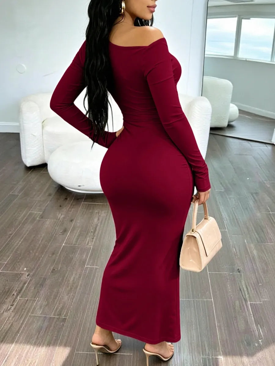 SHEIN INAWLY Solva فستان طويل ضيق بكتف غير متماثل وثنيات بلون عنابي