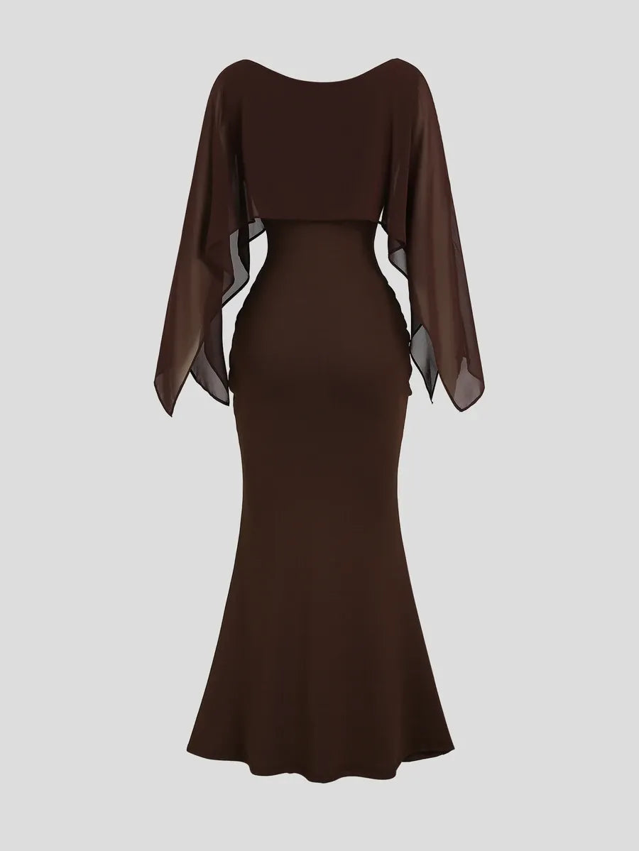 SHEIN Sweetra فستان طويل ضيق بتصميم باتشورك وذيل حورية البحر بلون بني قهوة
