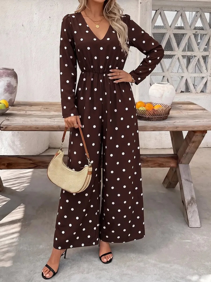 SHEIN Clasi جمبسوت نسائي بنقشة بولكا دوت وياقة وأكمام طويلة متعدد الألوان