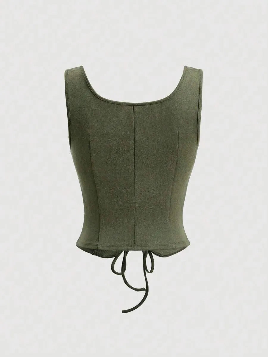 SHEIN MOD توب نسائي محبوك بحمالات وفتحة صدر دائرية بلون أخضر عسكري