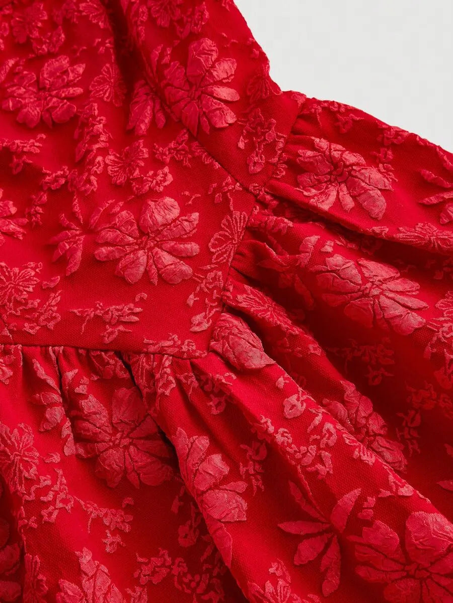 SHEIN MOD فستان قصير بياقة مربعة وخصر مرتفع وجيوب بنقشة بلاط تقليدية بلون الأحمر