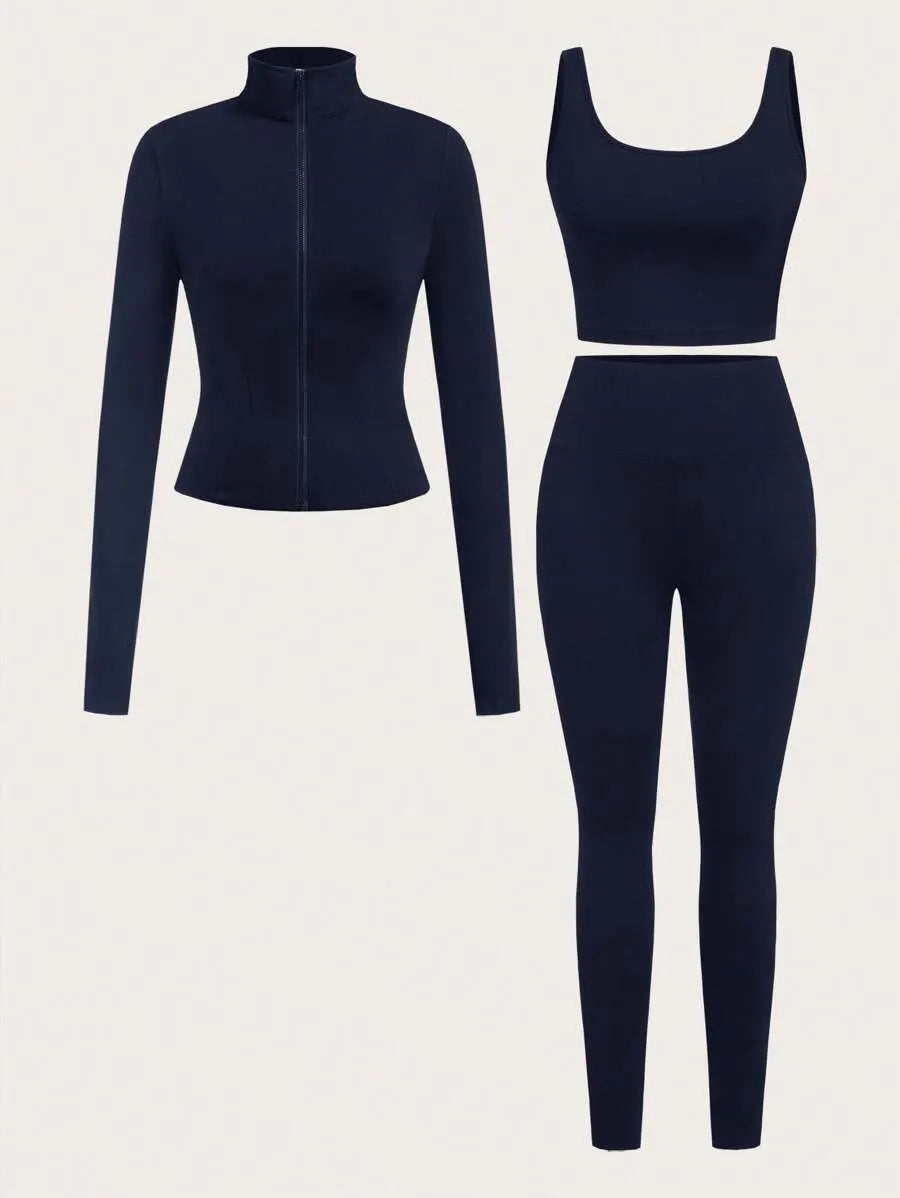 SHEIN EZwear طقم رياضي نسائي 3 قطع جاكيت محبوك وتوب قصير وليجنز بلون أزرق بحري