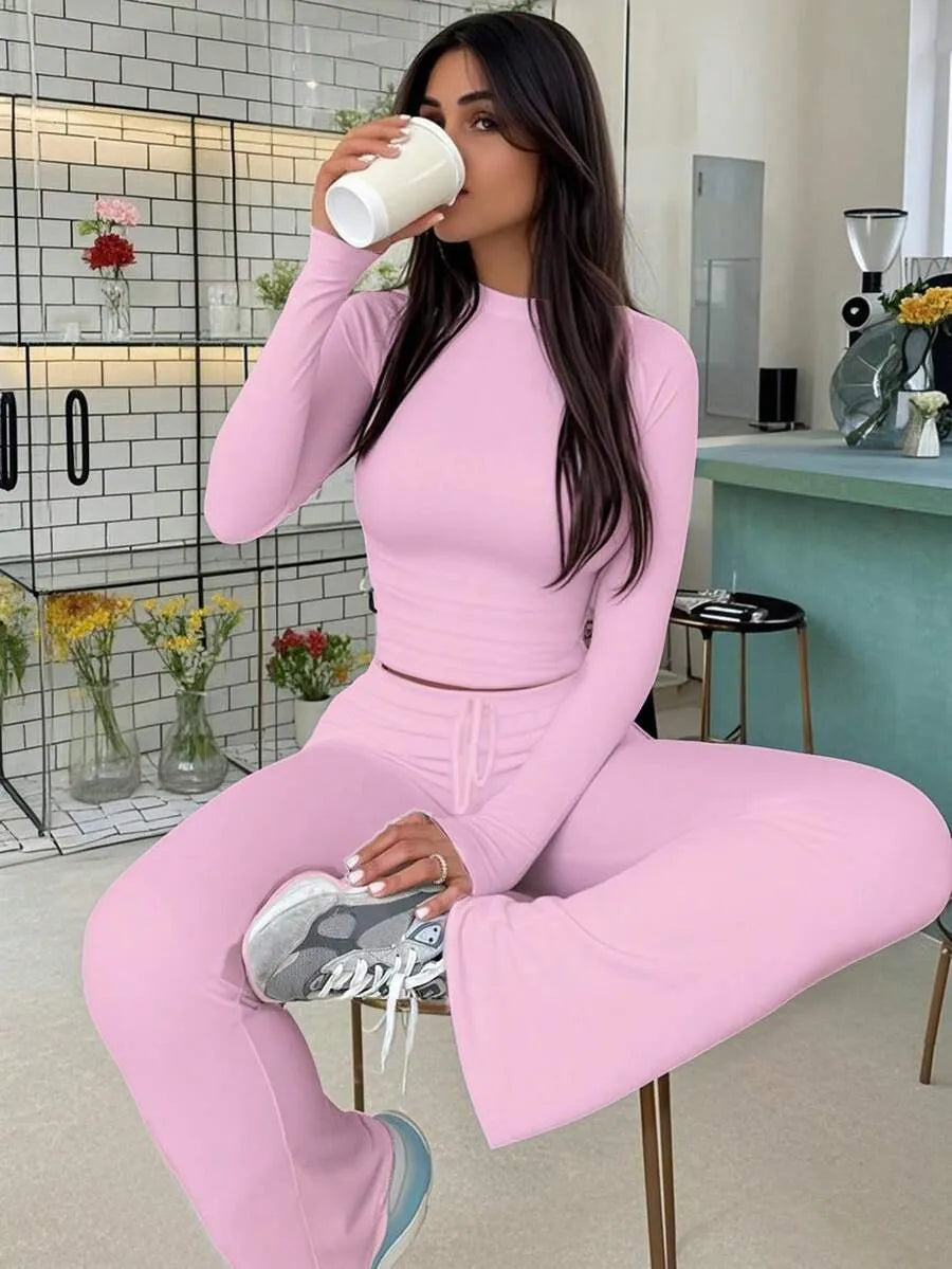 SHEIN طقم رياضي نسائي قطعتين توب قصير وبنطال واسع برباط خصر بلون وردي فاتح