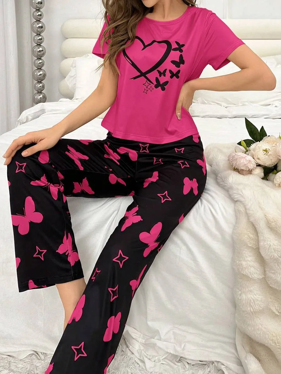 SHEIN طقم بيجاما بطبعة فراشات وقلوب بلون روز أحمر