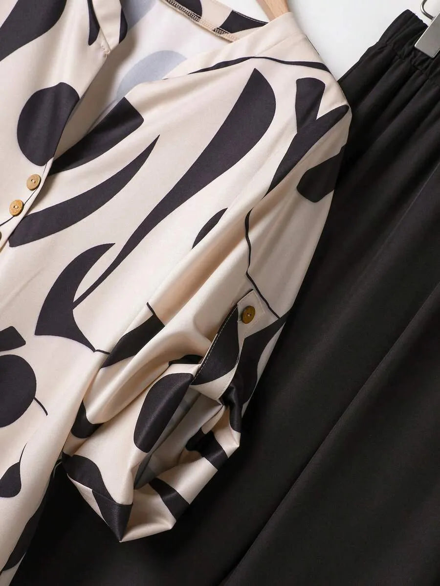 SHEIN Rusticease طقم نسائي قطعتين بلوزة بياقة وبنطال طويل متعدد الألوان