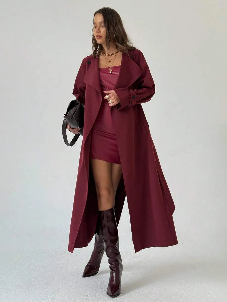 SHEIN Aloruh معطف ترنش طويل بصف أزرار مزدوج وحزام خصر بلون أحمر بنفسجي