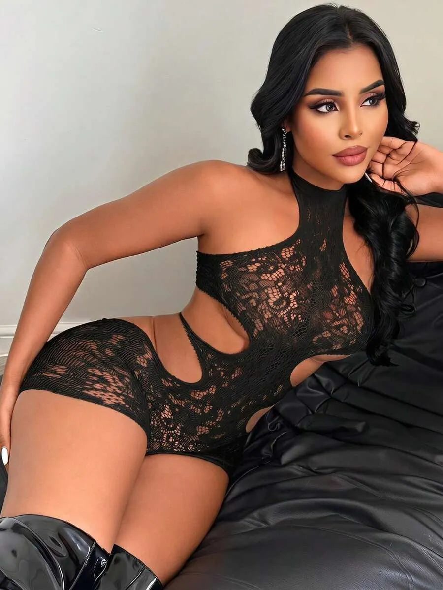 SHEIN ChaseTheNight ملابس داخلية نسائية تيدي بتصميم زهري وياقة هالتر وفيونكة بلون أسود