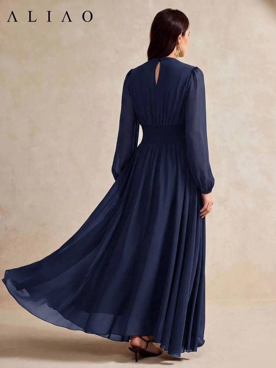 SHEIN Aliao فستان شيفون طويل بياقة دائرية وخصر ملفوف وثنيات أمامية بلون أزرق بحري
