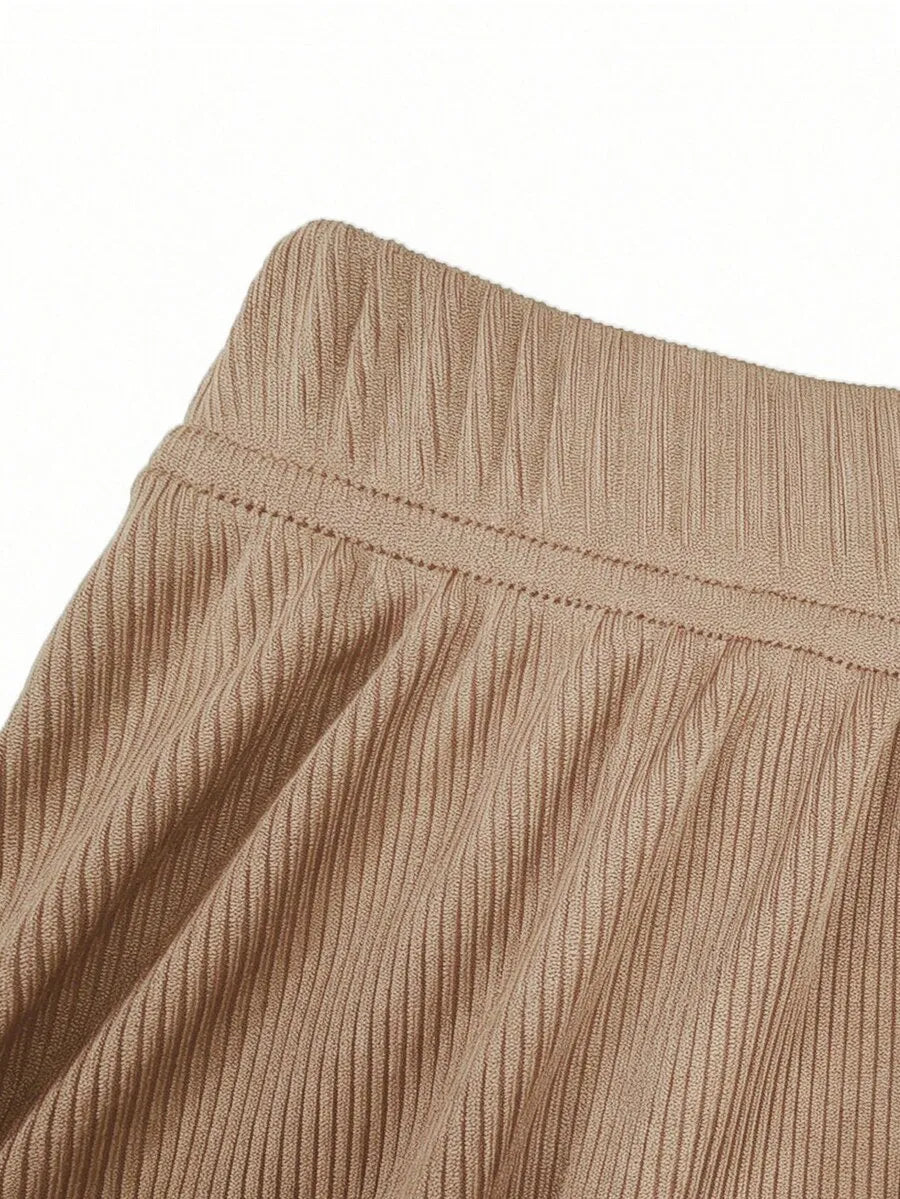 SHEIN طقم نسائي قطعتين توب محبوك وتنورة ماكسي فضفاضة بلون بني قهوة