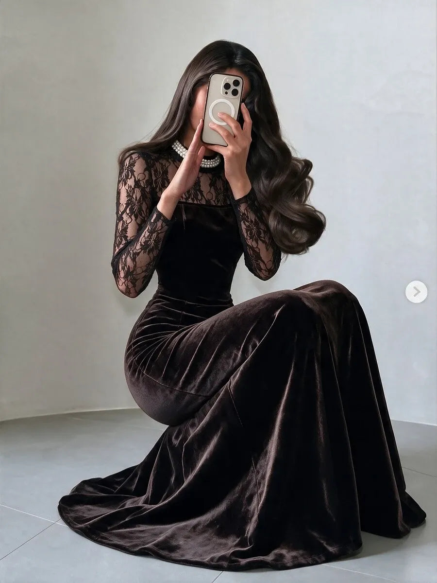 SHEIN NOVVYNE فستان مخملي ميدي بياقة واقفة وأكمام طويلة وتفاصيل دانتيل وخرز بلون بني داكن