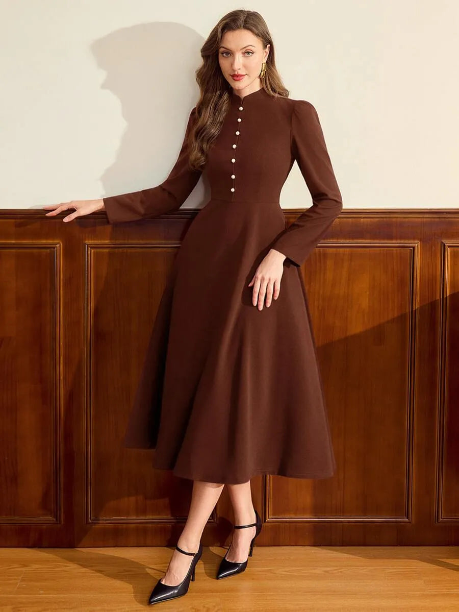 SHEIN Vintamour فستان نسائي بياقة تشيونغسام وأزرار أمامية وجيوب بلون بني