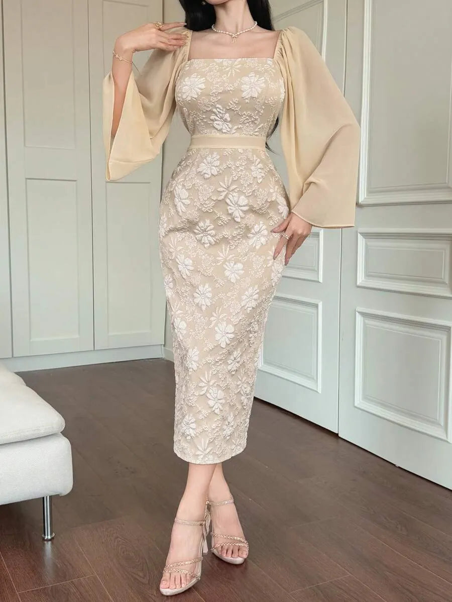 SHEIN DAZY فستان طويل بياقة مربعة وأكمام بفتحات ونقشة جاكار بلون بيج