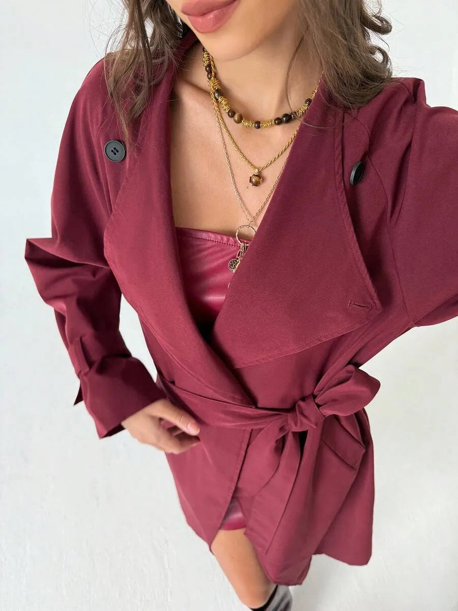 SHEIN Aloruh معطف ترنش طويل بصف أزرار مزدوج وحزام خصر بلون أحمر بنفسجي