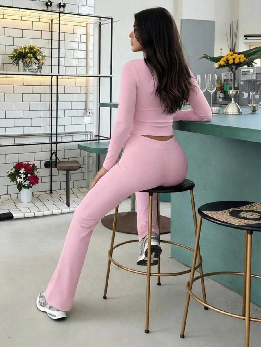SHEIN طقم رياضي نسائي قطعتين توب قصير وبنطال واسع برباط خصر بلون وردي فاتح