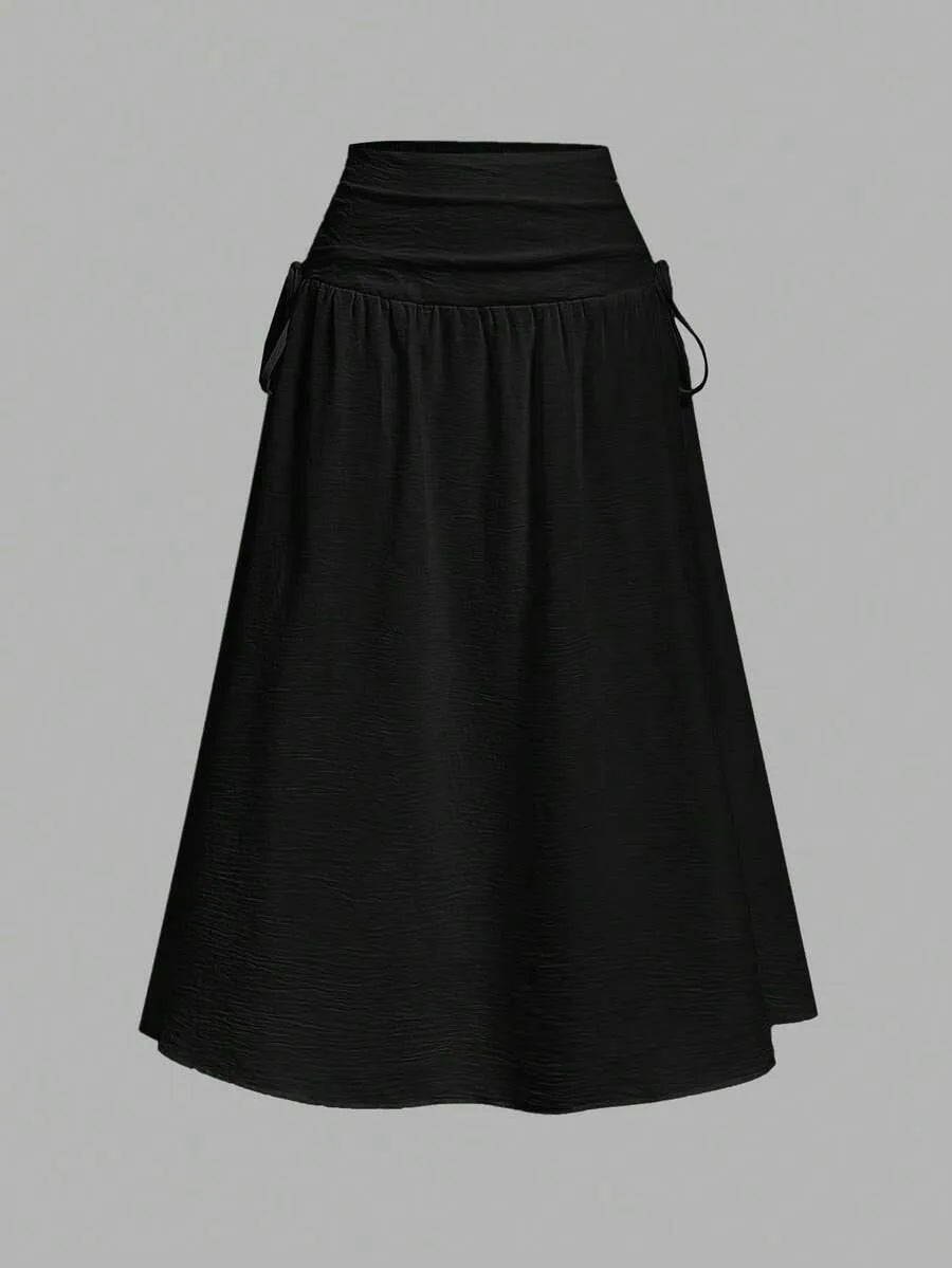 SHEIN MOD A-Line تنورة نسائية طويلة  بخصر طبيعي وثنيات بلون أسود