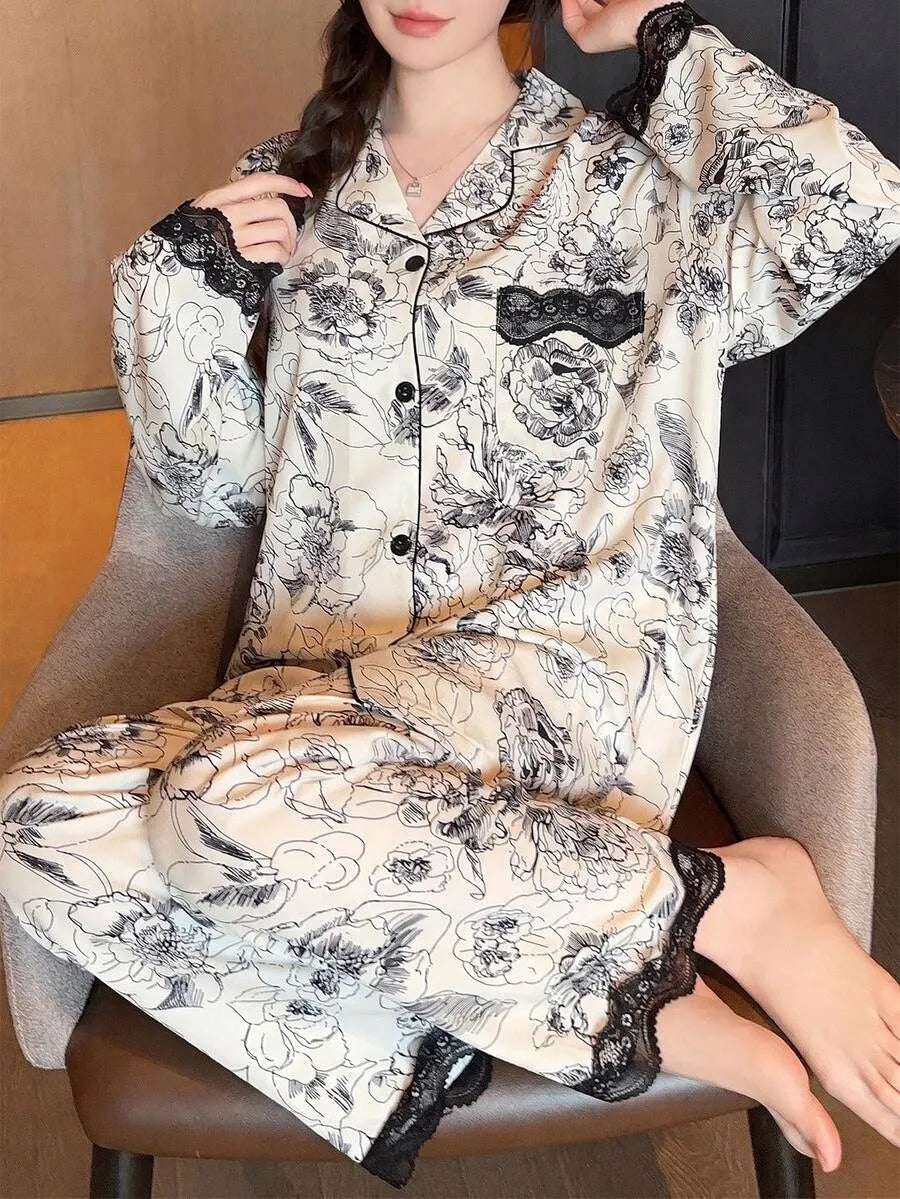 SHEIN طقم بيجامة قطعتين بأكمام طويلة وتطريز دانتيل وزهور بلون أبيض وأسود
