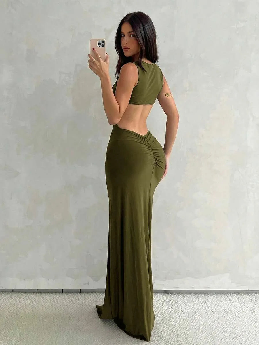 SHEIN Aloruh فستان ماكسي بلون أخضر عسكري بدون أكمام وقصة ضيقة بذيل سمكة